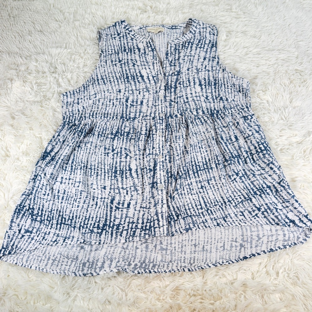 Cynthia Rowley Hi-Low Sleeveless V-Neck Tunic Tank Top Blue White Abstract 1X XL